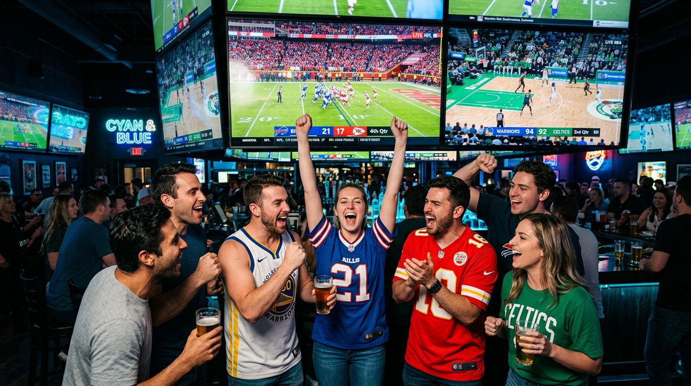 Sports fans cheering in front of TV screens
