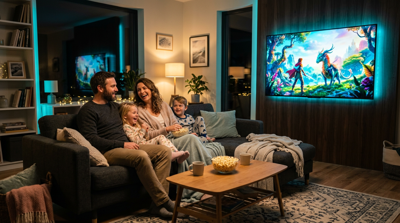 Family enjoying NovaCast TV together in living room